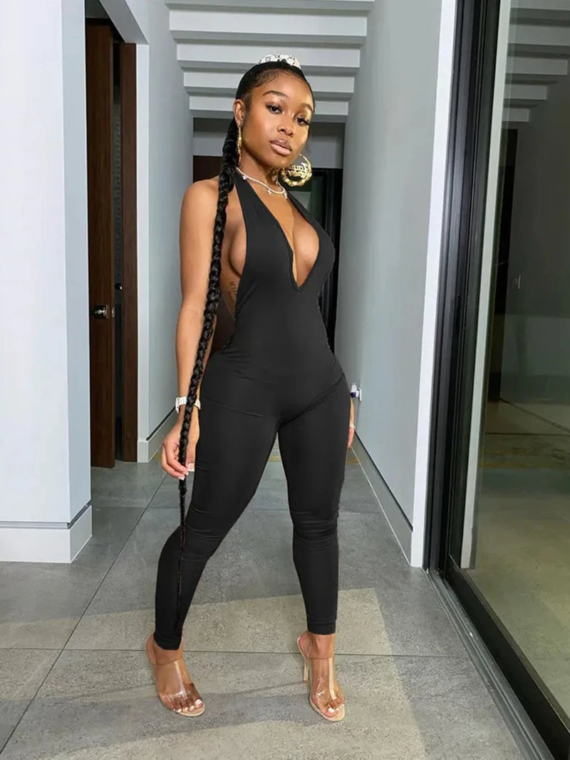 Backless Halter Deep V Neck Bodycon Jumpsuit Women Rompers Sexy Club Jumpsuits Sporty One Piece Outfits C87-BB20