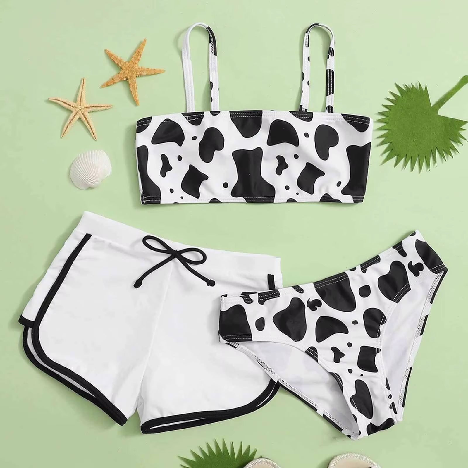 Kids Teen Girls Cow Print Swimwear Summer Cut Out Vest Swimsuit Three-Piece Bikini Shorts Sets Swimming Beachwear