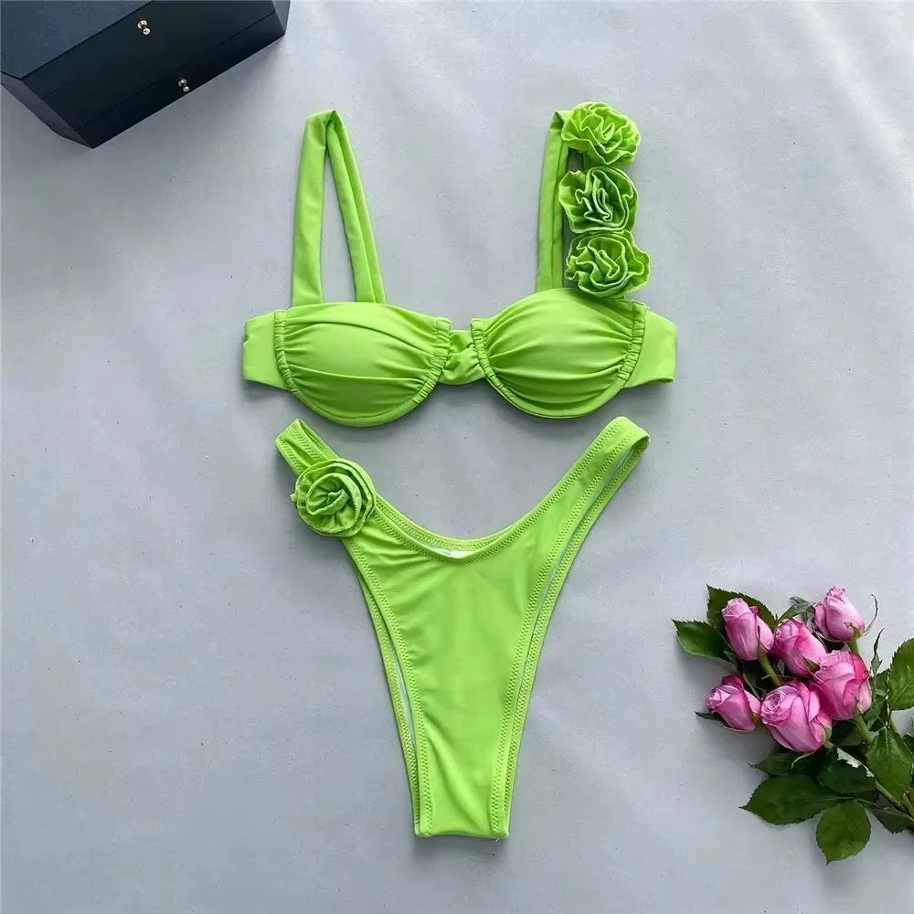 Sexy 3D Flower Shiny White Push up Bikini 2025 Women Swimwear Underwired Swimsuit High Cut Bathing Suit Wrinkled Bikinis Sets