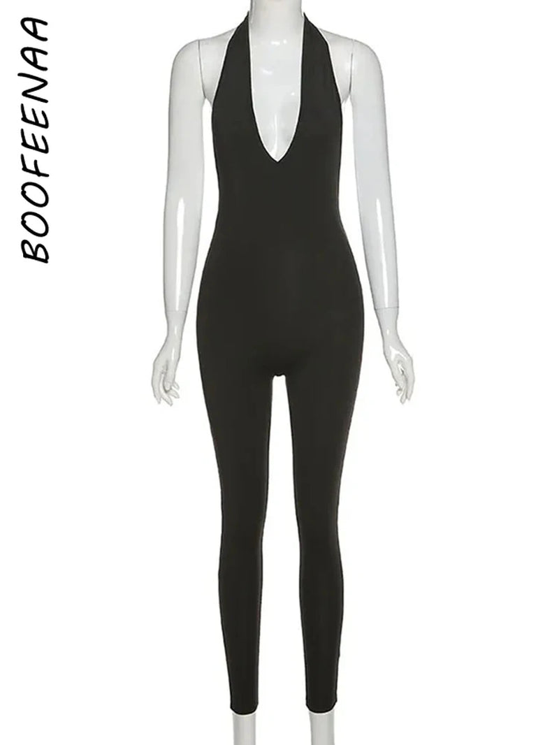 Backless Halter Deep V Neck Bodycon Jumpsuit Women Rompers Sexy Club Jumpsuits Sporty One Piece Outfits C87-BB20