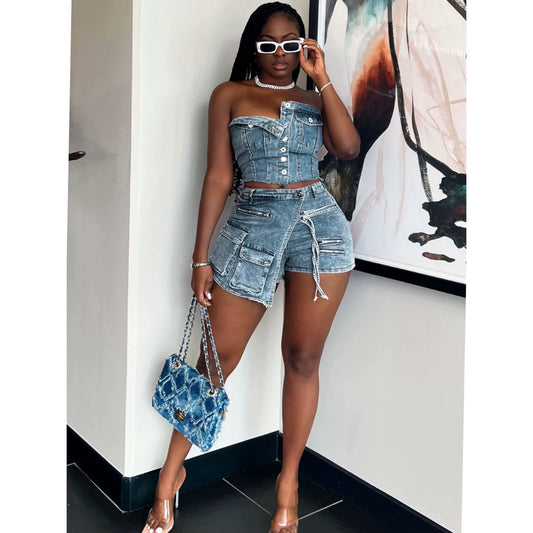  Denim Chest Wrap Skirt Set