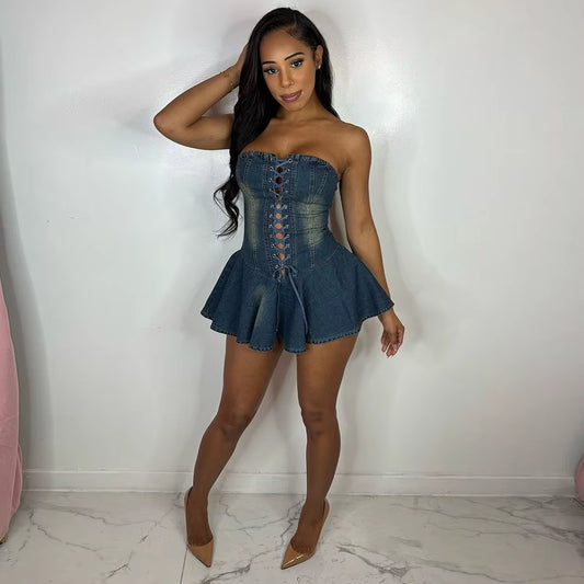 Denim Zipper Lace-Up Chest Wrap Skirt