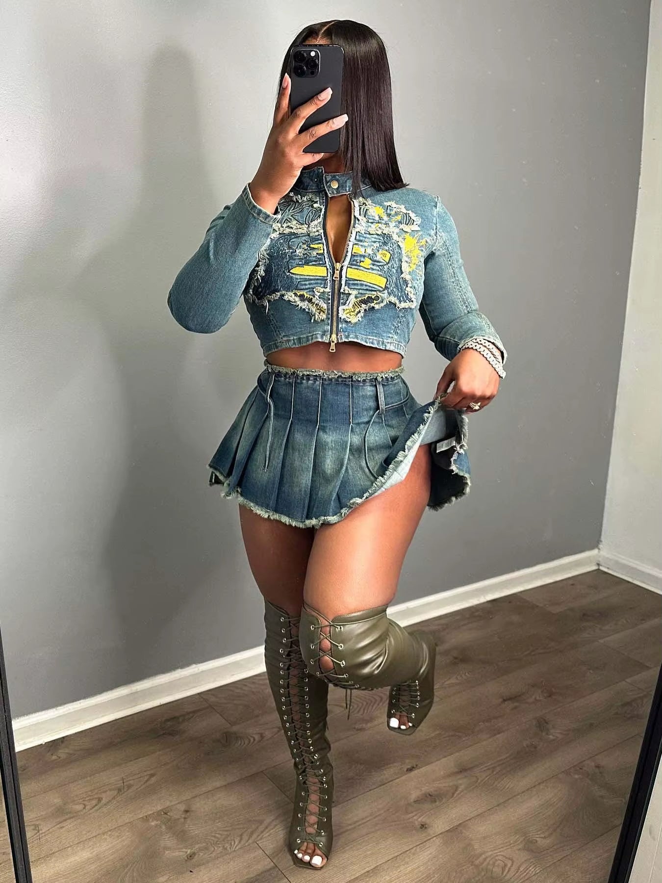 Distress Denim Patchwork 2 Piece