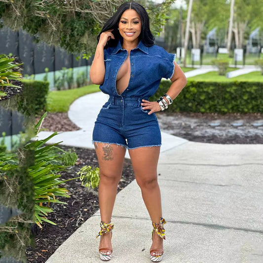 Distressed High-Waist Denim Romper