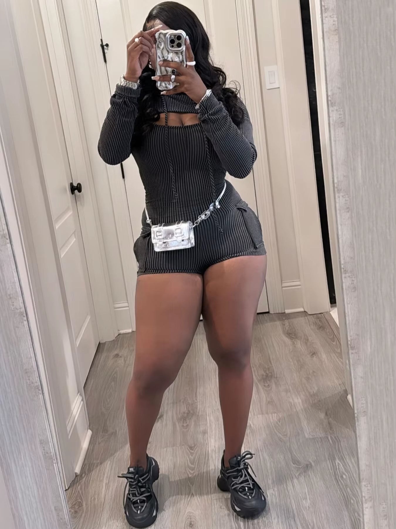  Long Sleeve Hooded Top Bodysuit Two Piece Set