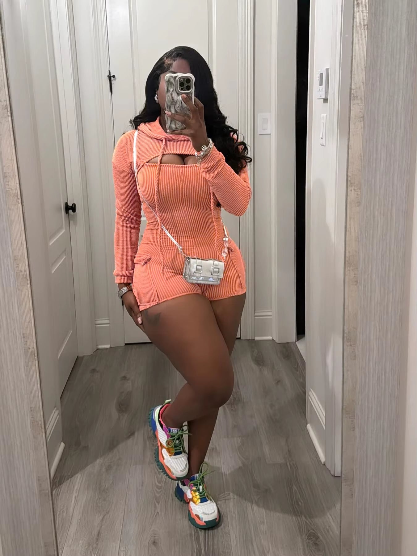  Long Sleeve Hooded Top Bodysuit Two Piece Set