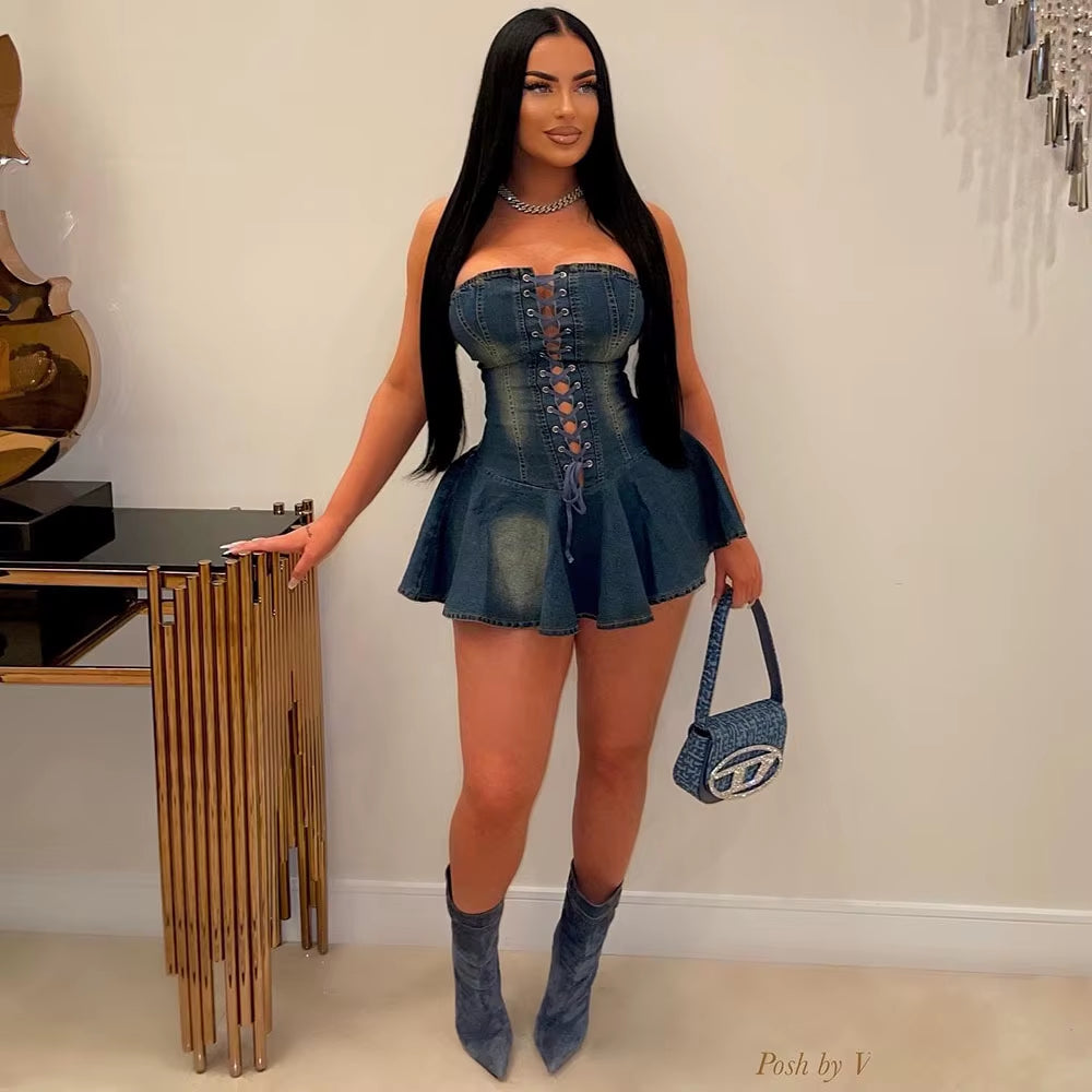 Denim Zipper Lace-Up Chest Wrap Skirt