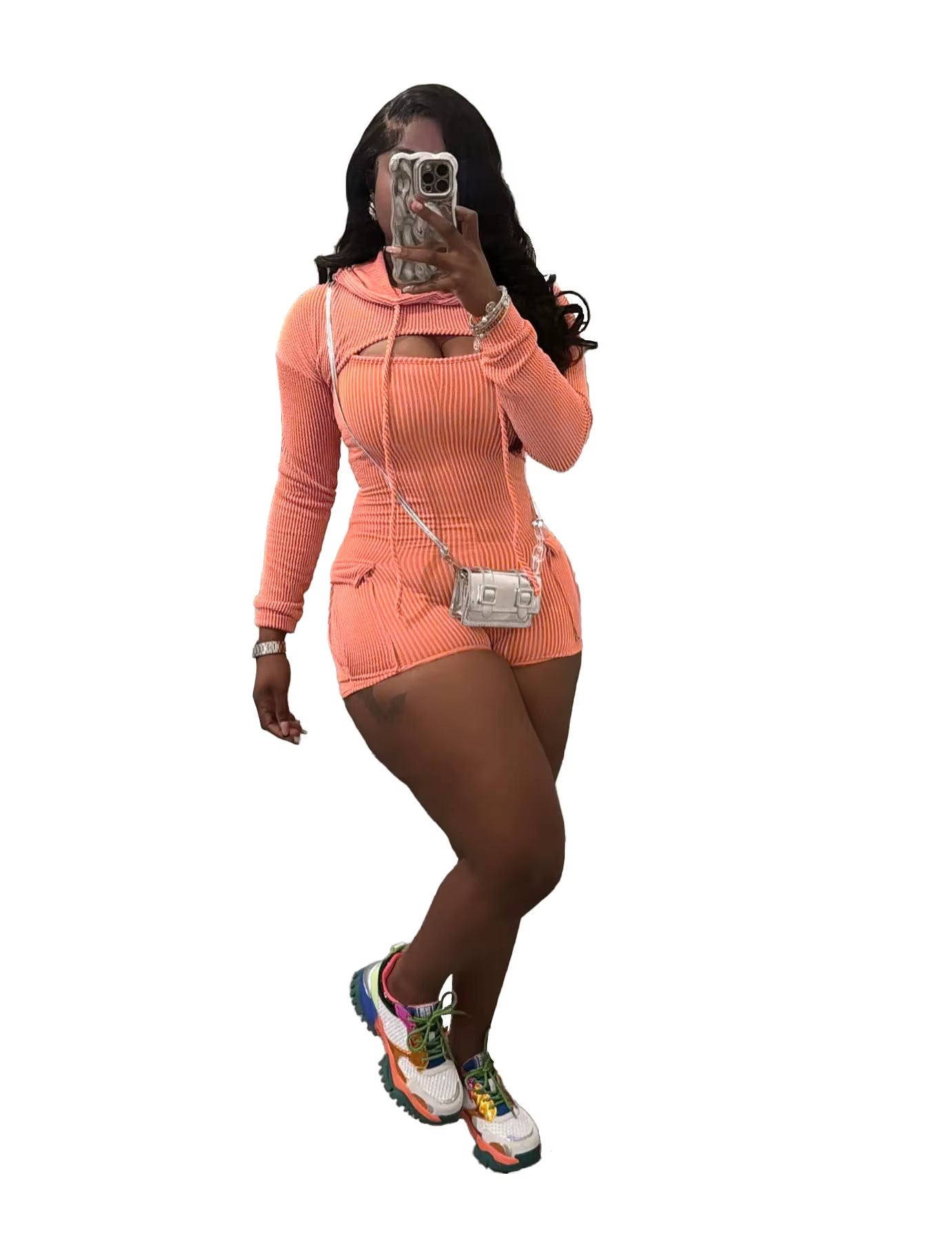  Long Sleeve Hooded Top Bodysuit Two Piece Set
