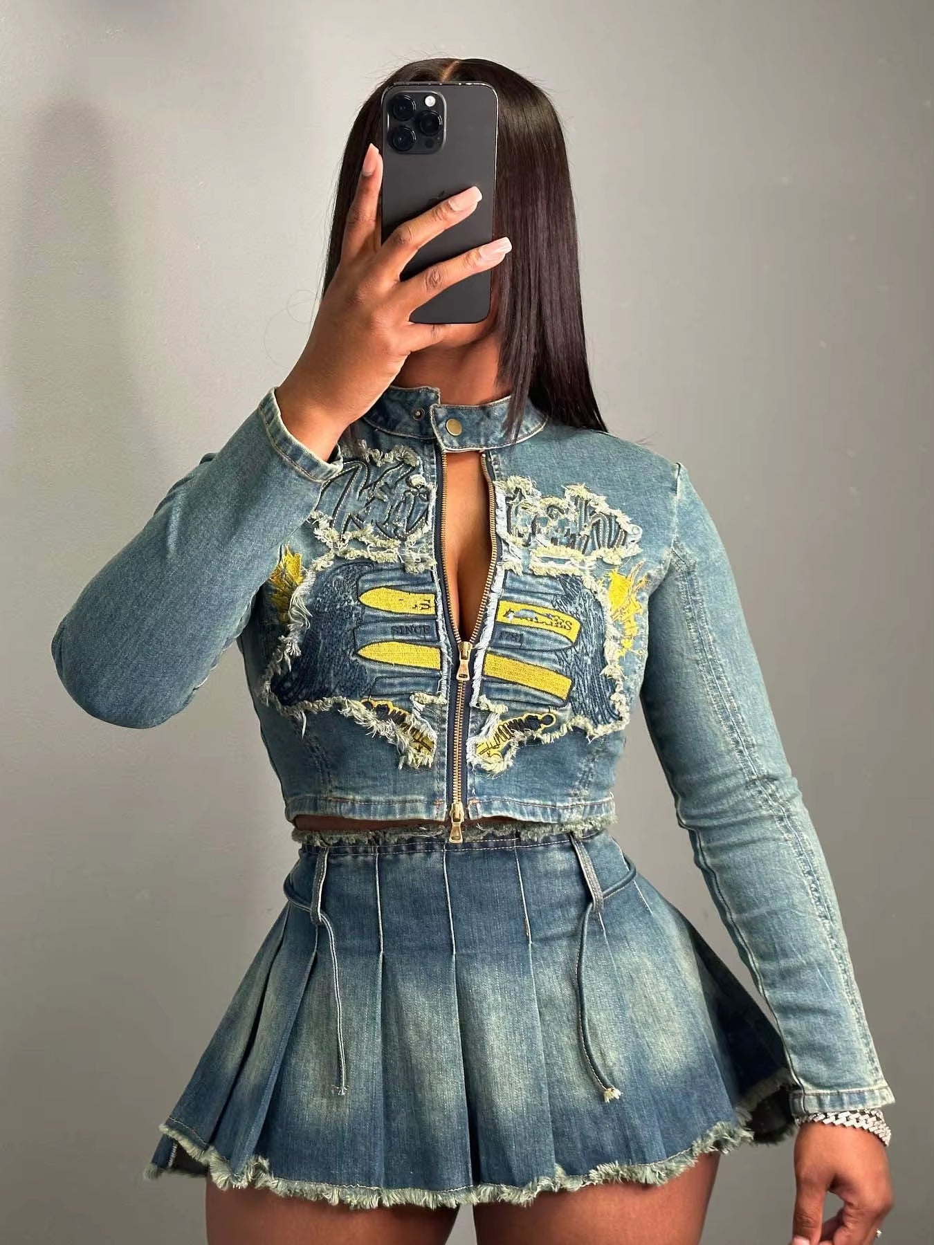 Distress Denim Patchwork 2 Piece