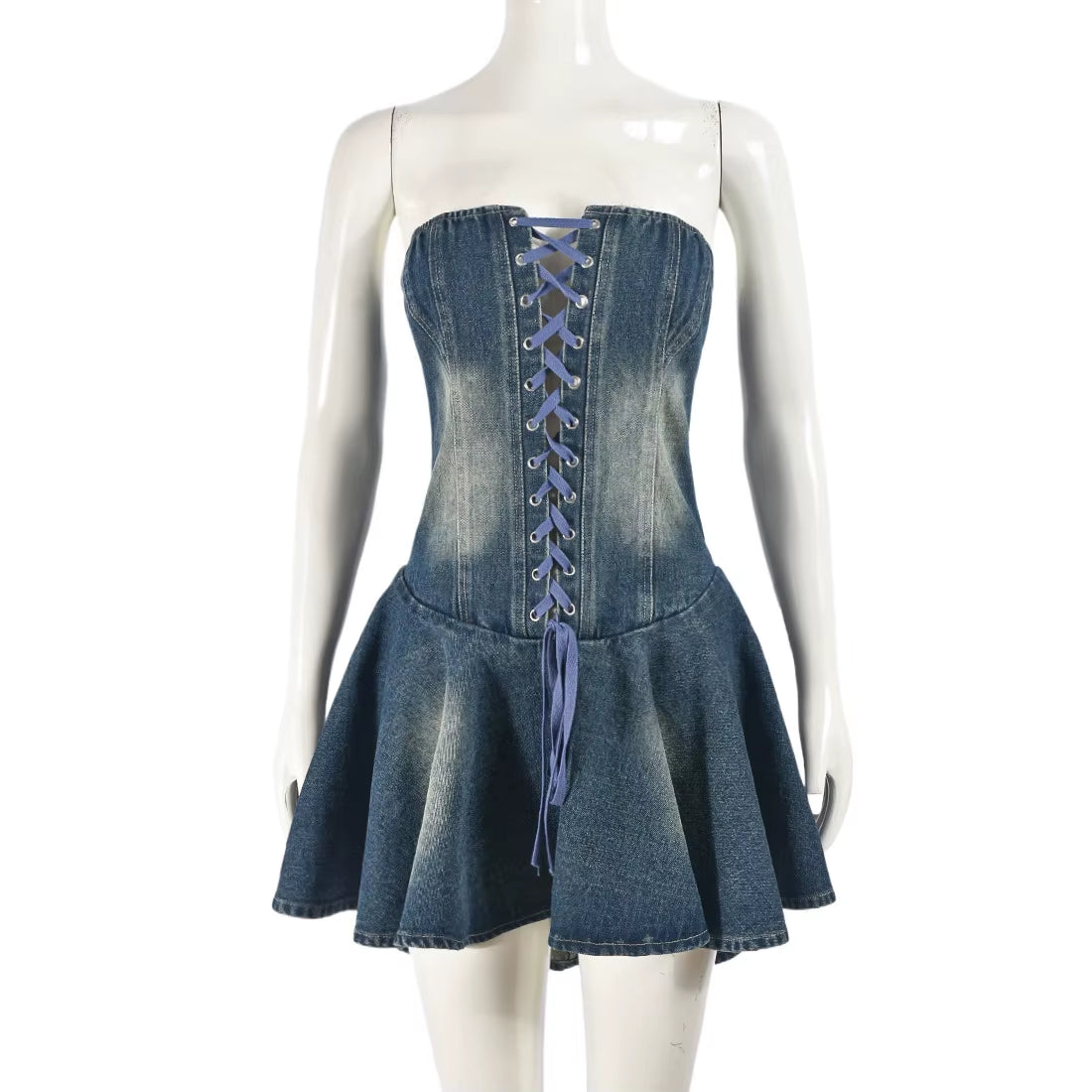 Denim Zipper Lace-Up Chest Wrap Skirt