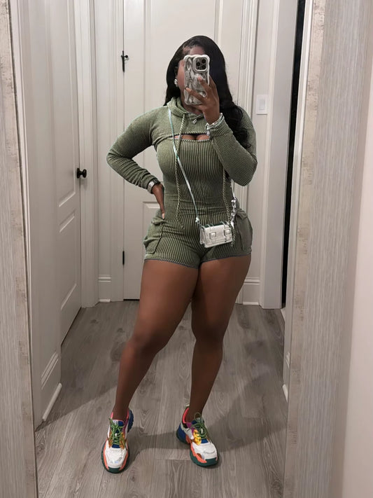  Long Sleeve Hooded Top Bodysuit Two Piece Set