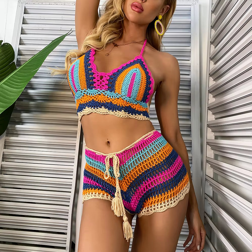 Crochet Bikini Sets Multi Color Knitted Rainbow Striped off Shoulder Top + Bottom Bikini Beachwear Bathing Suit Women Swimsuit