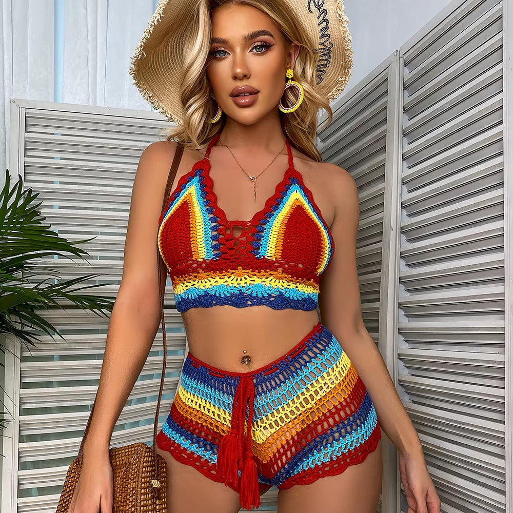 Crochet Bikini Sets Multi Color Knitted Rainbow Striped off Shoulder Top + Bottom Bikini Beachwear Bathing Suit Women Swimsuit