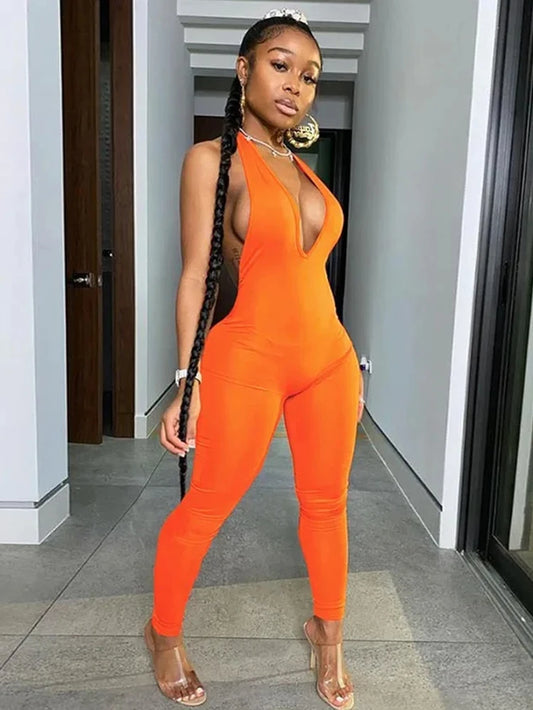 Backless Halter Deep V Neck Bodycon Jumpsuit Women Rompers Sexy Club Jumpsuits Sporty One Piece Outfits C87-BB20