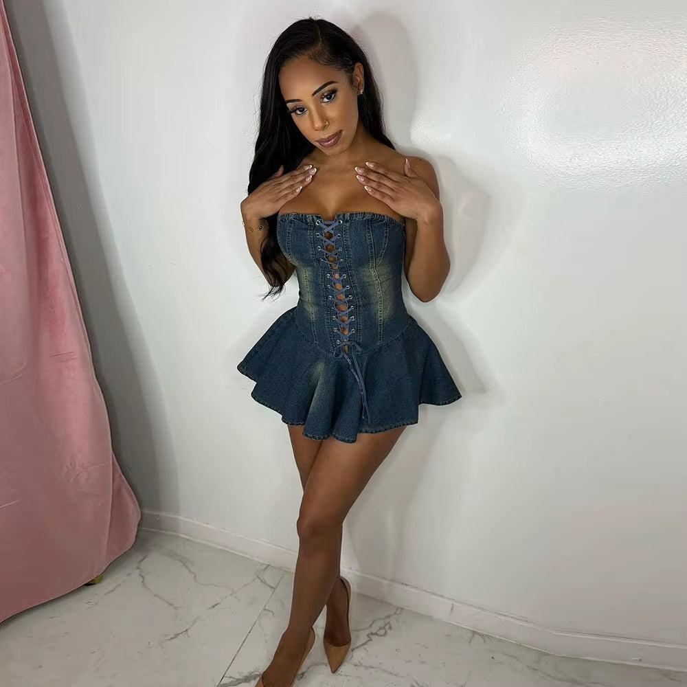Denim Zipper Lace-Up Chest Wrap Skirt