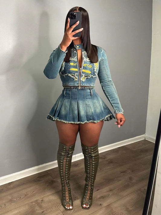 Distress Denim Patchwork 2 Piece